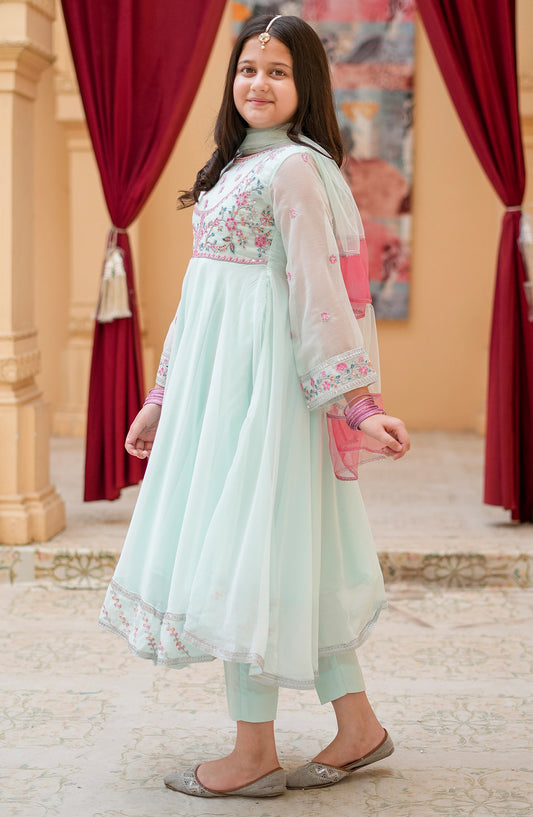 3 Piece Blue Embroidered Crinkle Suit - 11105-Cblu - MOD26TWF - Festive Collection