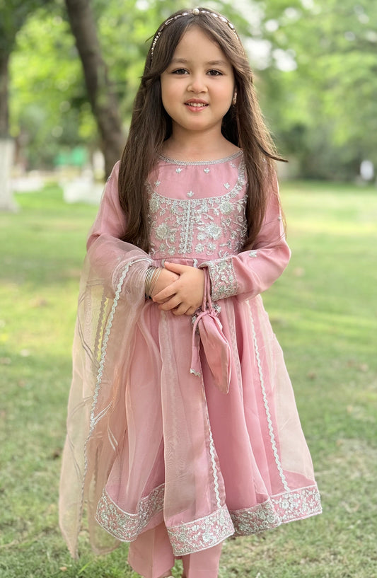 3 Piece Tissue Pink Embroidered Frock - Pink - 10315-Pnk MOD26MT - Festive Collection