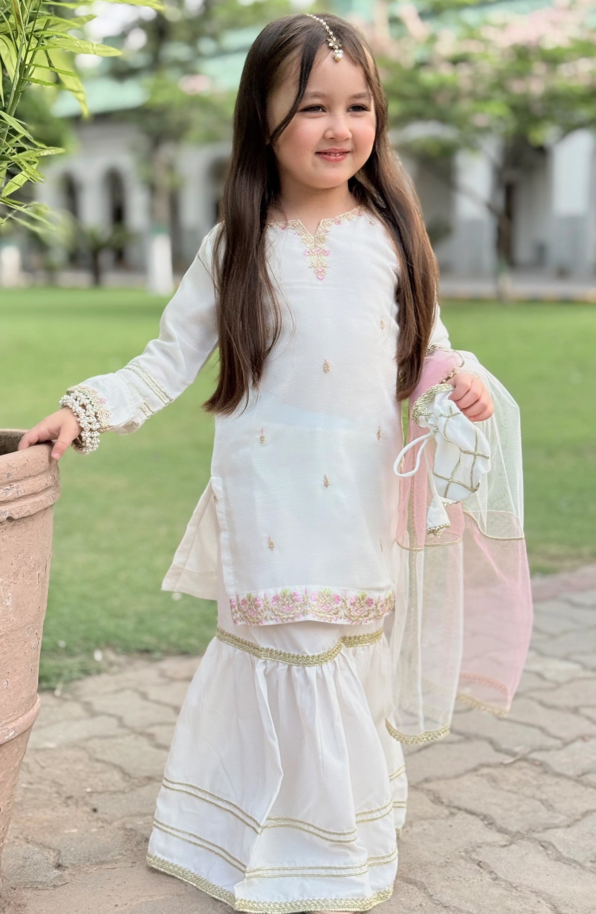 Modest Embroidered Chiffon Stitched 3 Piece Suit - 9620-Wht - MOD25PRF - White - Festive Girls Collection