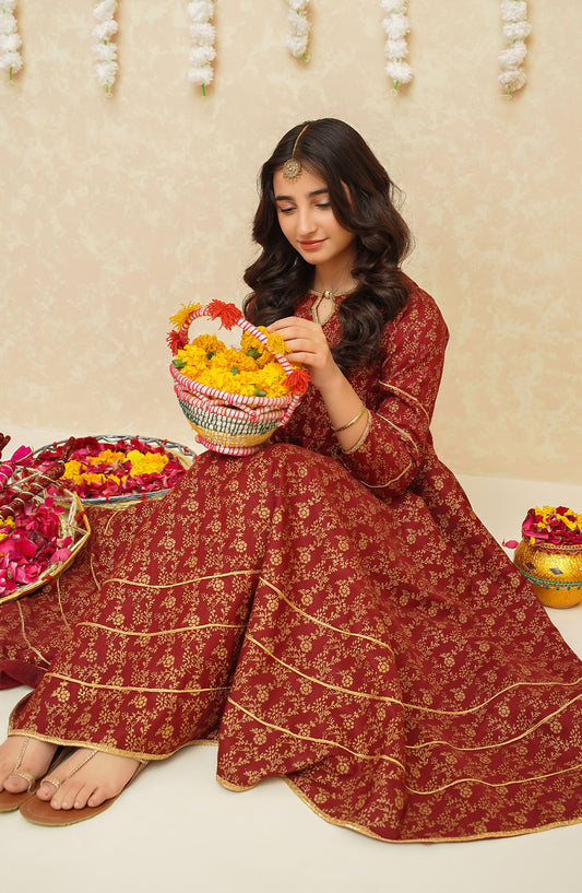 Maroon Rawsilk Printed 3 Piece Frock 10970-Mar - MOD26MT - Festive Collection