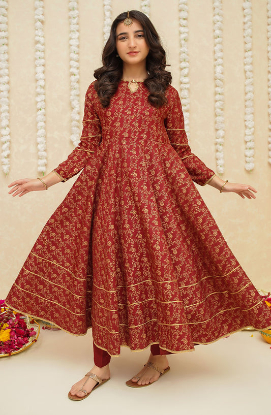 Maroon Rawsilk Printed 3 Piece Frock 10970-Mar - MOD26MT - Festive Collection