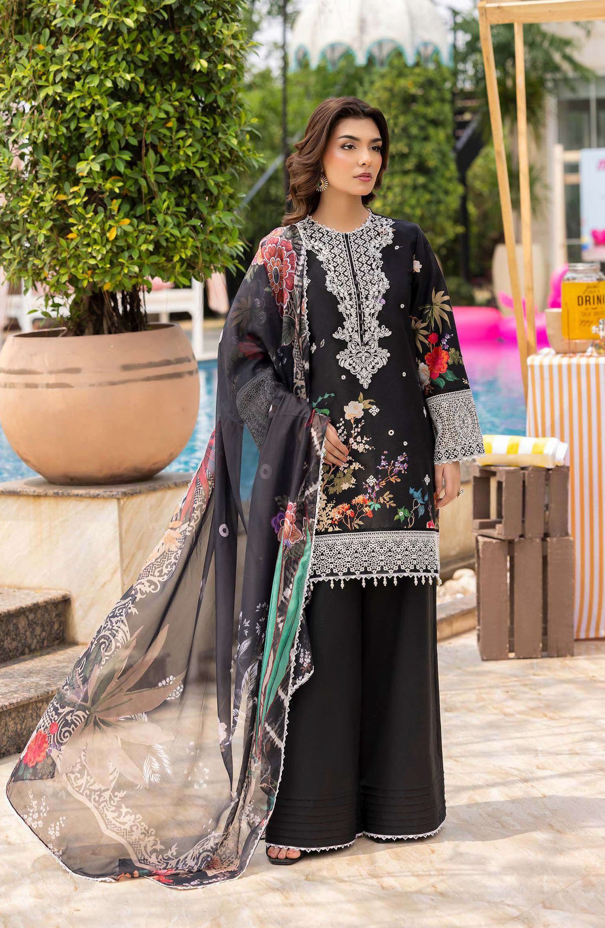 Mojito by Saad Shaikh Embroidered Lawn Unstitched 3 Piece Suit - D-1100 Zestel - SS25MOJ - Black - Summer Collection