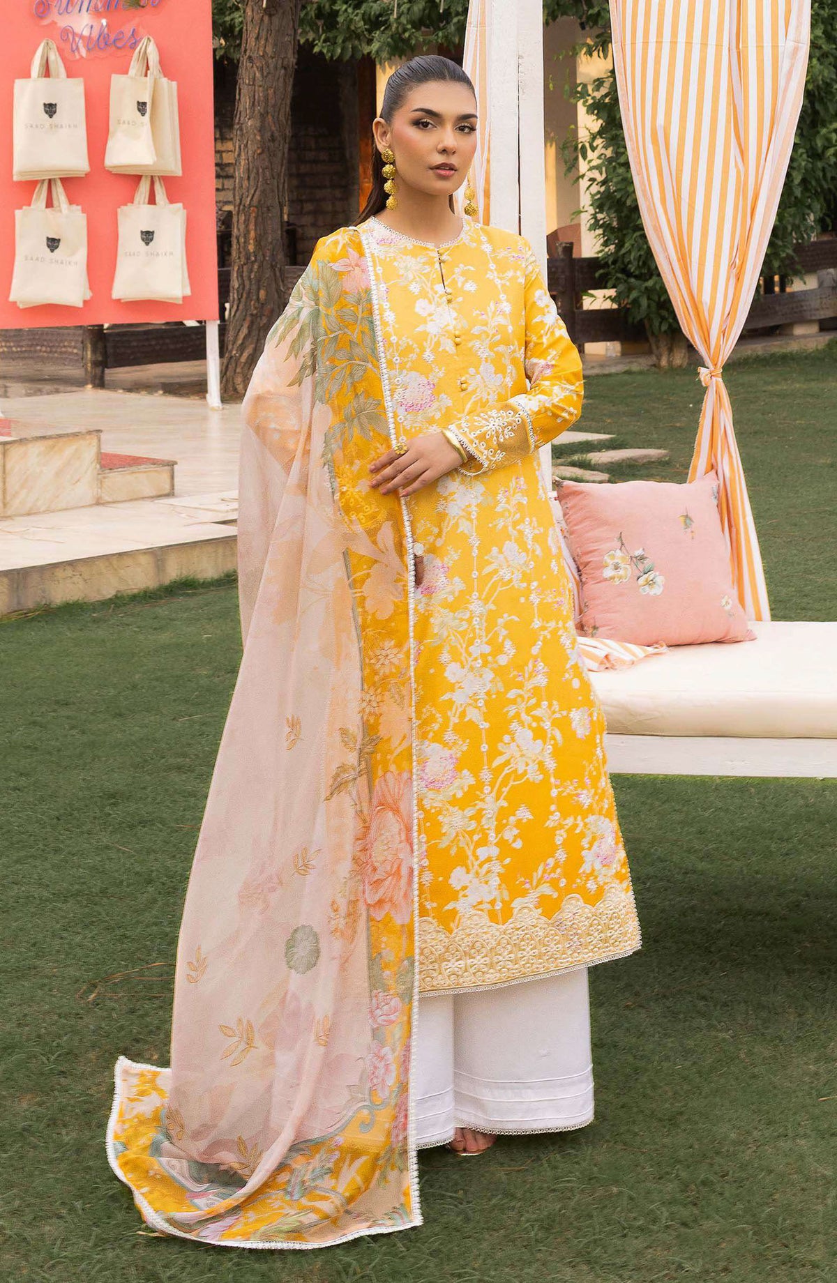 Mojito by Saad Shaikh Embroidered Lawn Unstitched 3 Piece Suit - D-1106 Amber Bloom - SS25MOJ - Yellow - Summer Collection