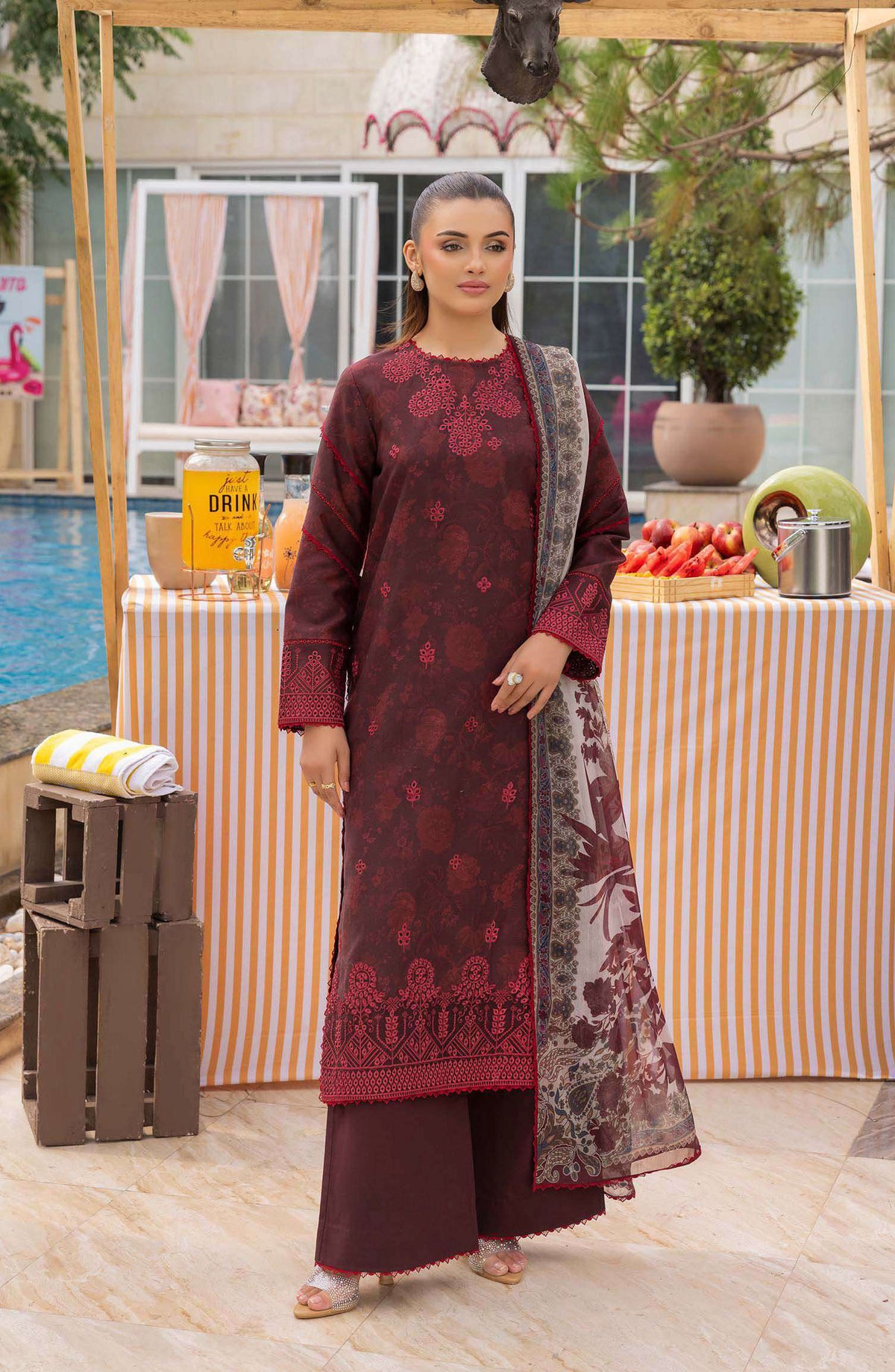 Mojito by Saad Shaikh Embroidered Lawn Unstitched 3 Piece Suit - D-1108 Twilight Flora - SS25MOJ - Maroon - Summer Collection