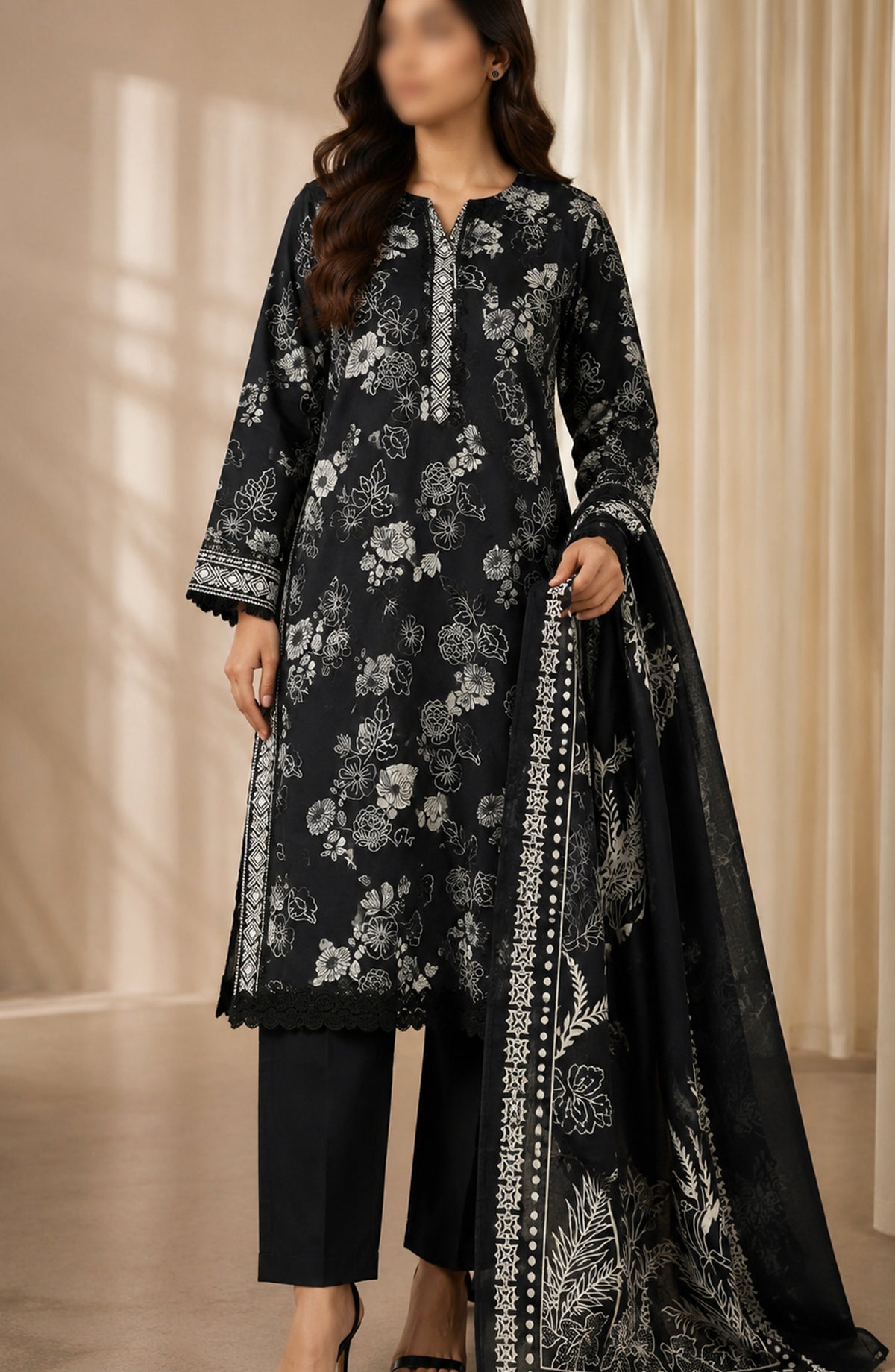Monochrome Printed Lawn Stitched 3 Piece Suit - AKMP-06 - AM26MCH - Black - Summer Collection