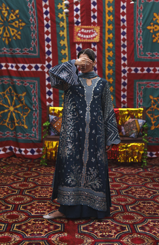 Casual Lite Mubarak Embroidered Silk Viscose Stitched 3 Piece Suit - 02 Neelofar - CL26MRK - Blue - Festive Collection