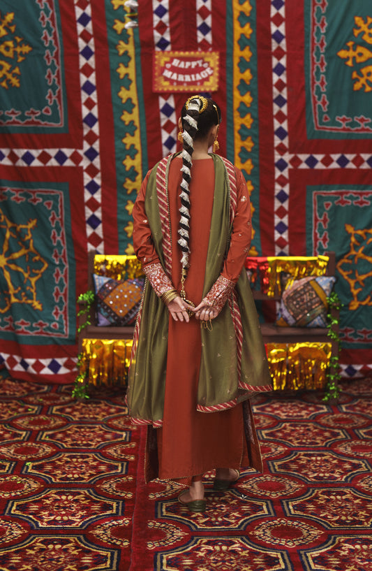 Casual Lite Mubarak Embroidered Silk Viscose Stitched 3 Piece Suit - 01 Gulnaar - CL26MRK - Orange - Festive Collection