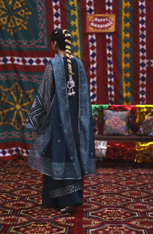 Casual Lite Mubarak Embroidered Silk Viscose Stitched 3 Piece Suit - 02 Neelofar - CL26MRK - Blue - Festive Collection