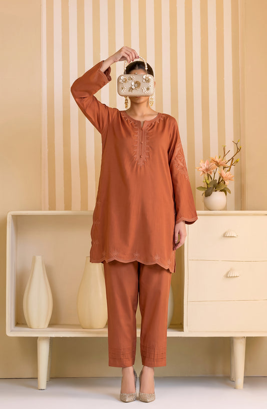 Mulaqaat by Amna Khadija Embroidered Cotton Stitched 2 Co-ord Set - AKMEC-18 - AM26QTL - Orange - Casual Collection
