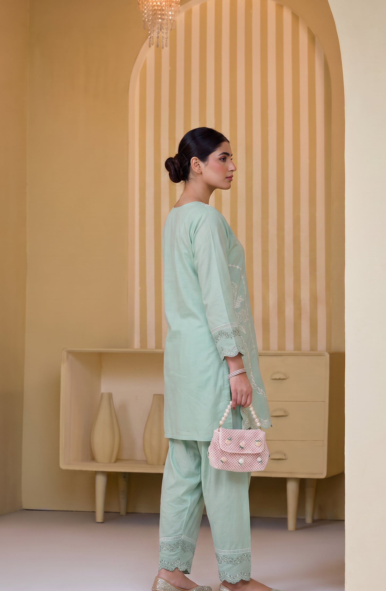 Mulaqaat by Amna Khadija Embroidered Cotton Stitched 2 Co-ord Set - AKMEC-19 - AM26QTL - Pista Green - Casual Collection