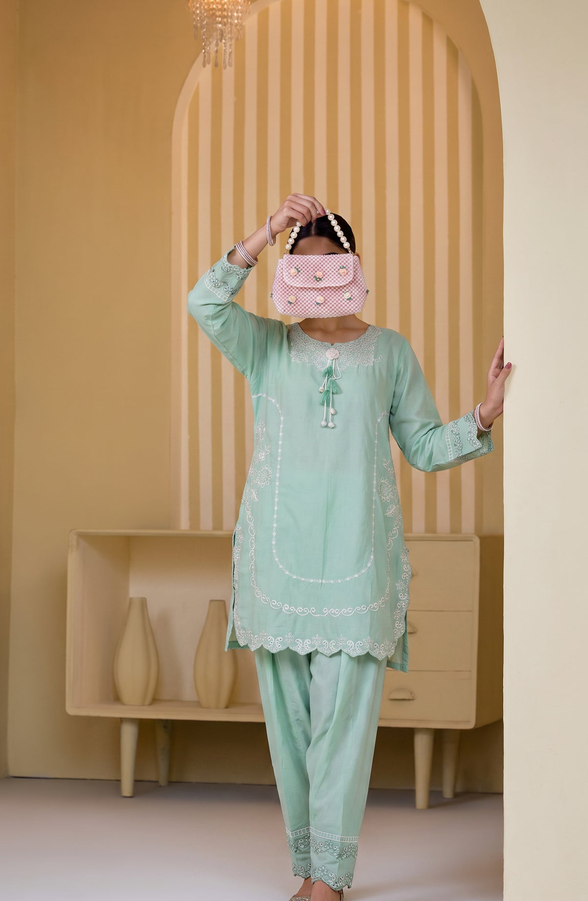 Mulaqaat by Amna Khadija Embroidered Cotton Stitched 2 Co-ord Set - AKMEC-19 - AM26QTL - Pista Green - Casual Collection