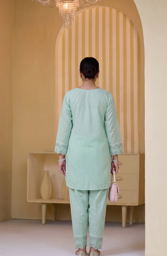 Mulaqaat by Amna Khadija Embroidered Cotton Stitched 2 Co-ord Set - AKMEC-19 - AM26QTL - Pista Green - Casual Collection