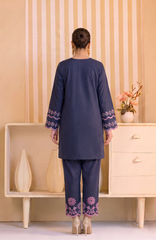 Mulaqaat by Amna Khadija Embroidered Cotton Stitched 2 Co-ord Set - AKMEC-22 - AM26QTL - Blue - Casual Collection