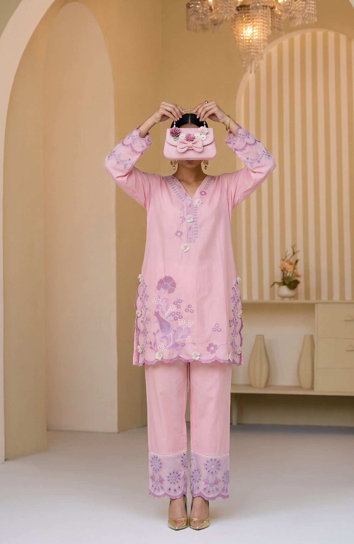 Mulaqaat by Amna Khadija Embroidered Cotton Stitched 2 Co-ord Set - AKMEC-23 - AM26QTL - Pink - Casual Collection