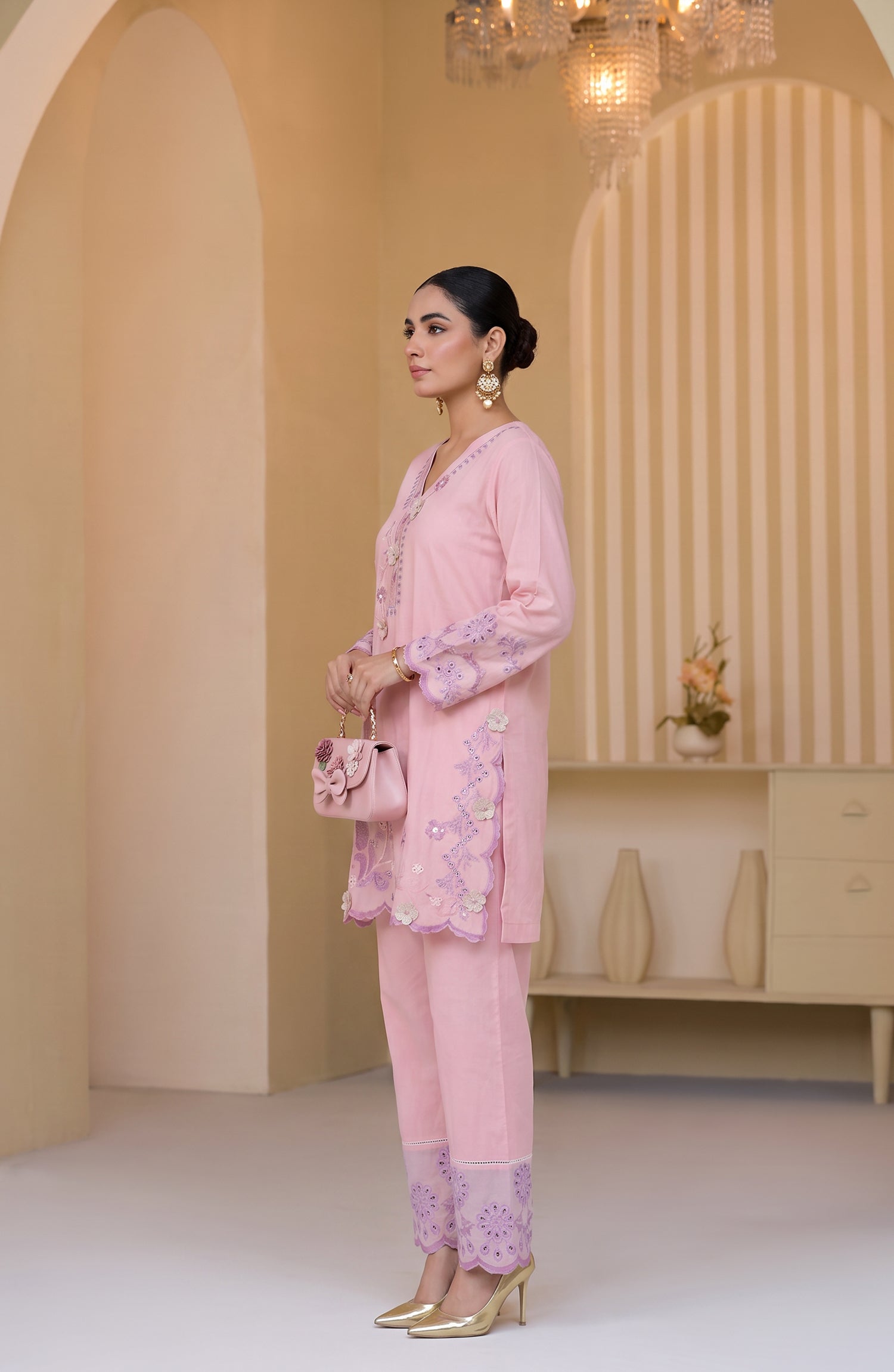 Mulaqaat by Amna Khadija Embroidered Cotton Stitched 2 Co-ord Set - AKMEC-23 - AM26QTL - Pink - Casual Collection