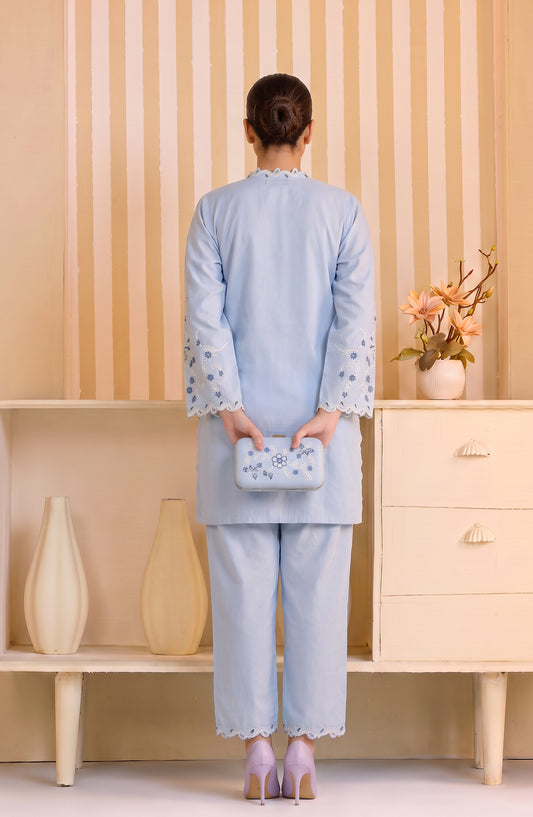 Mulaqaat by Amna Khadija Embroidered Cotton Stitched 2 Piece Co-ord Set - AKMEC-24 - AM26QTL - Sky Blue - Casual Collection