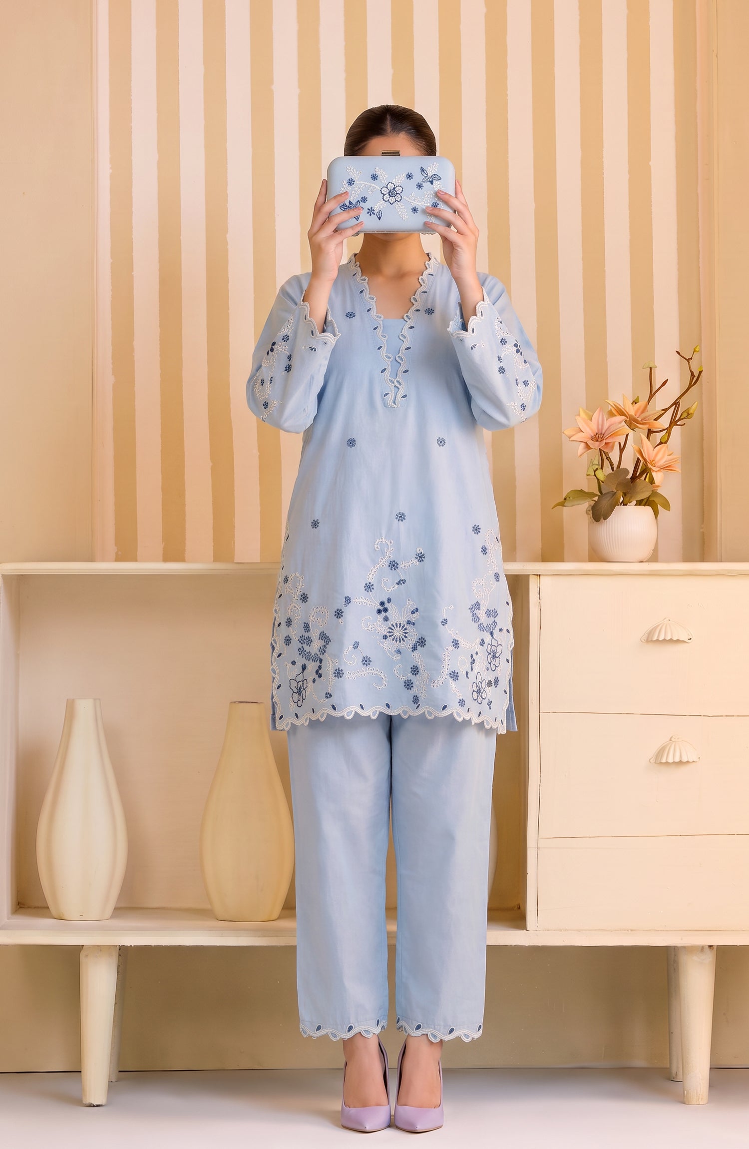 Mulaqaat by Amna Khadija Embroidered Cotton Stitched 2 Piece Co-ord Set - AKMEC-24 - AM26QTL - Sky Blue - Casual Collection