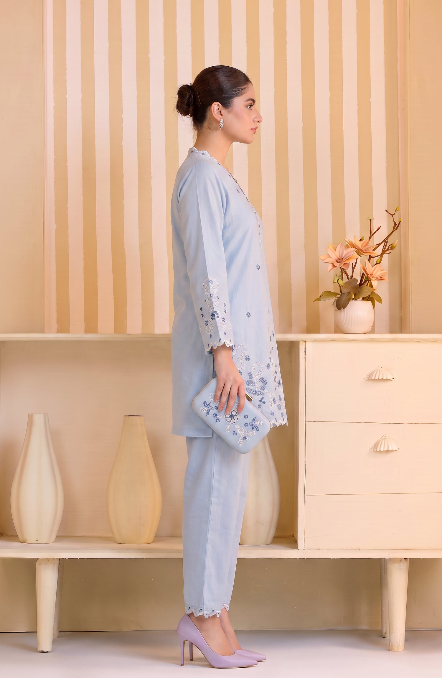 Mulaqaat by Amna Khadija Embroidered Cotton Stitched 2 Piece Co-ord Set - AKMEC-24 - AM26QTL - Sky Blue - Casual Collection