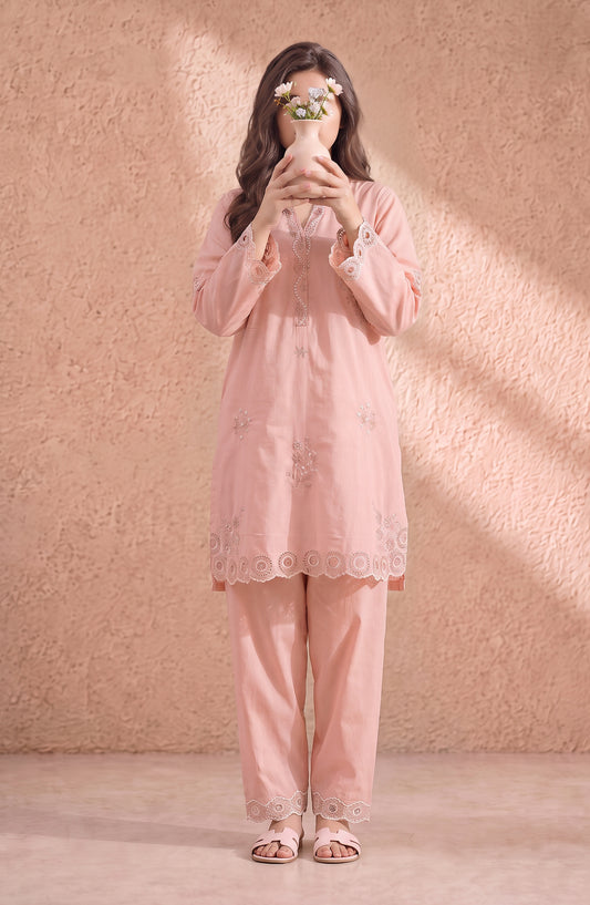 Mulaqaat by Amna Khadija Embroidered Cotton Cambric Stitched 2 Piece Co-ord Set - AKMEC-02 - AM26MULQ - Pink - Summer Collection