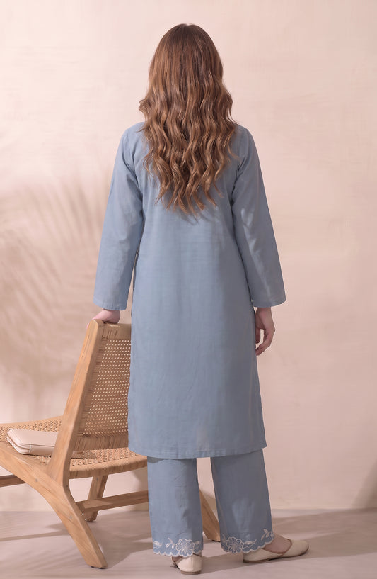 Mulaqaat by Amna Khadija Embroidered Cotton Cambric Stitched 2 Piece Co-ord Set - AKMEC-03 - AM26MULQ - Blue - Summer Collection