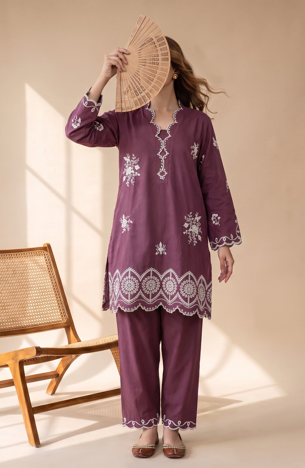 Mulaqaat by Amna Khadija Embroidered Cotton Cambric Stitched 2 Piece Co-ord Set - AKMEC-04 - AM26MULQ - Maroon - Summer Collection