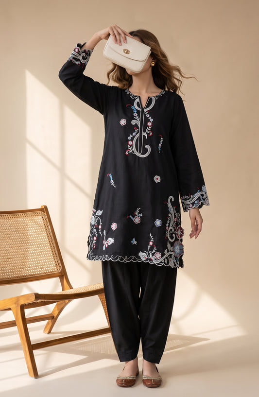Mulaqaat by Amna Khadija Embroidered Cotton Cambric Stitched 2 Piece Co-ord Set - AKMEC-09 - AM26MULQ - Black - Summer Collection