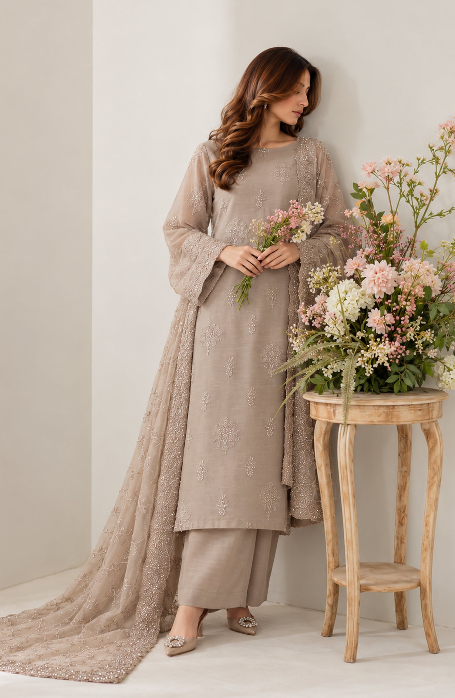 Muse by Amna Khadija Embroidered Silk Unstitched 3 Piece Suit - AKMF-18 - AM26MST - Grey - Formal Collection