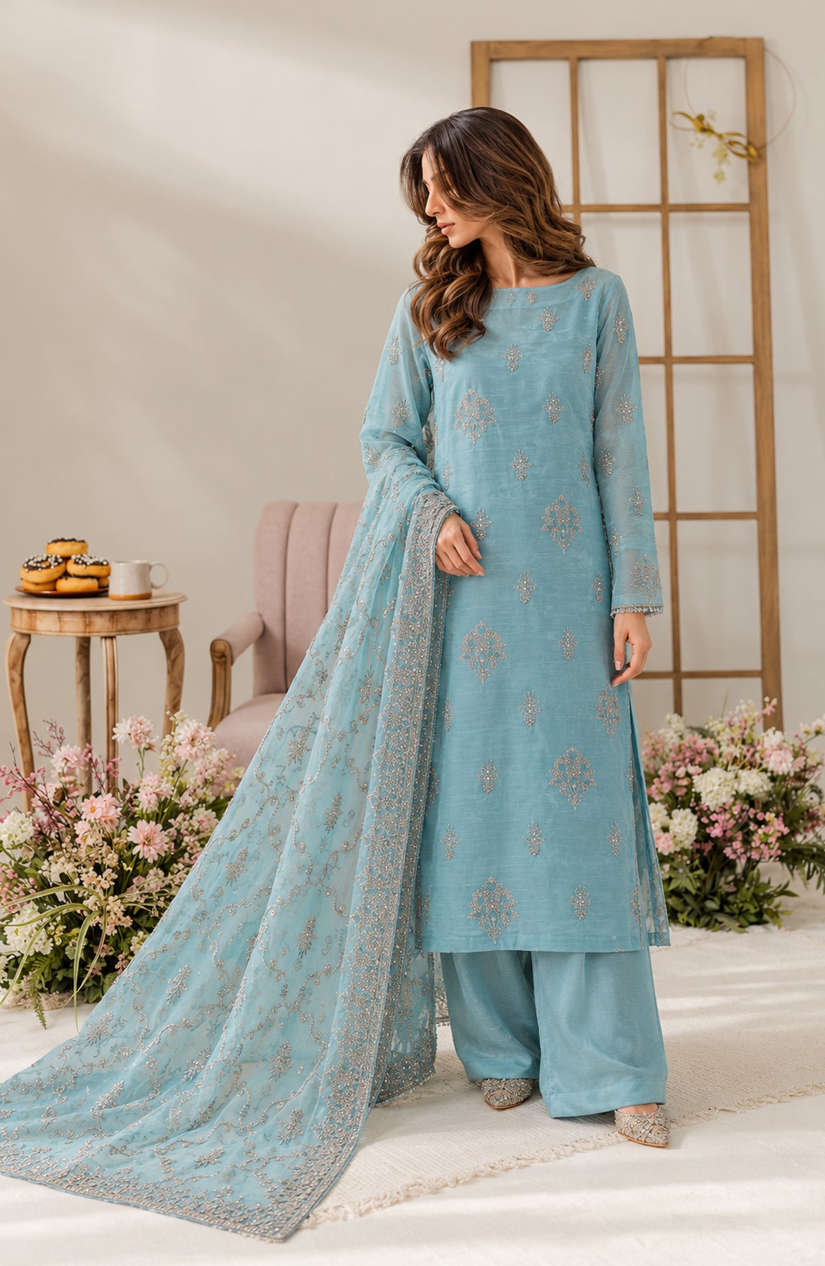 Muse by Amna Khadija Embroidered Silk Unstitched 3 Piece Suit - AKMF-20 - AM26MST - Ice Blue - Formal Collection