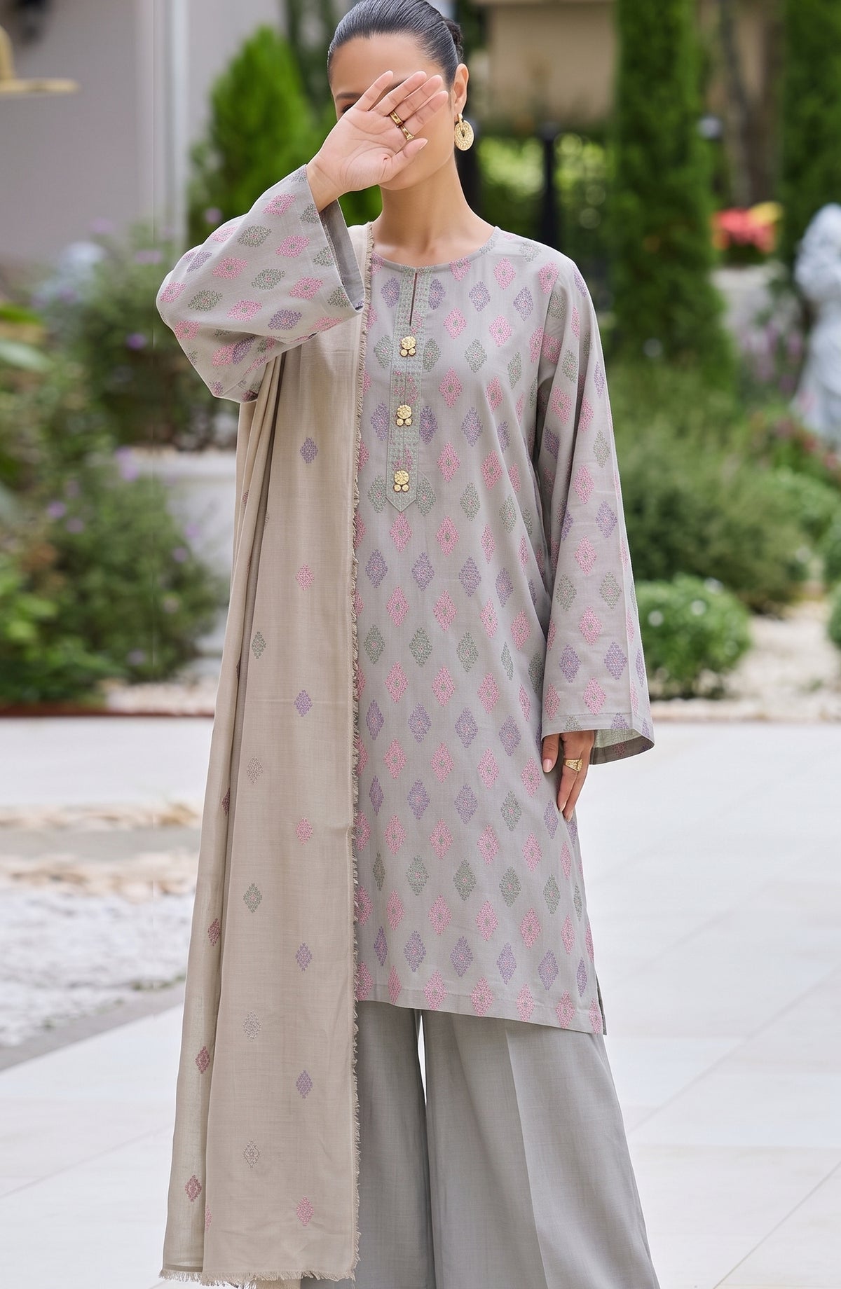 Muse by Amna Khadija Embroidered Cambric Unstitched 3 Piece Suit - AKMF-03 - AM26MSE - Grey - Formals Collection