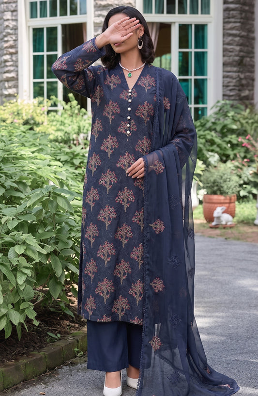 Muse by Amna Khadija Embroidered Cambric Unstitched 3 Piece Suit - AKMF-09 - AM26MSE - Blue - Formals Collection