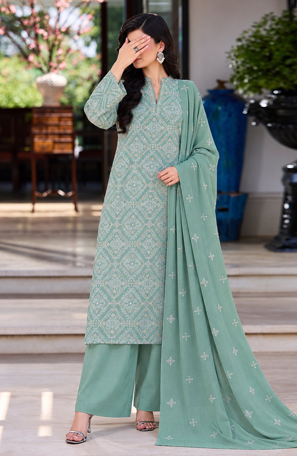 Muse by Amna Khadija Embroidered Cambric Unstitched 3 Piece Suit - AKMF-13 - AM26MSE - Sea Green - Formals Collection