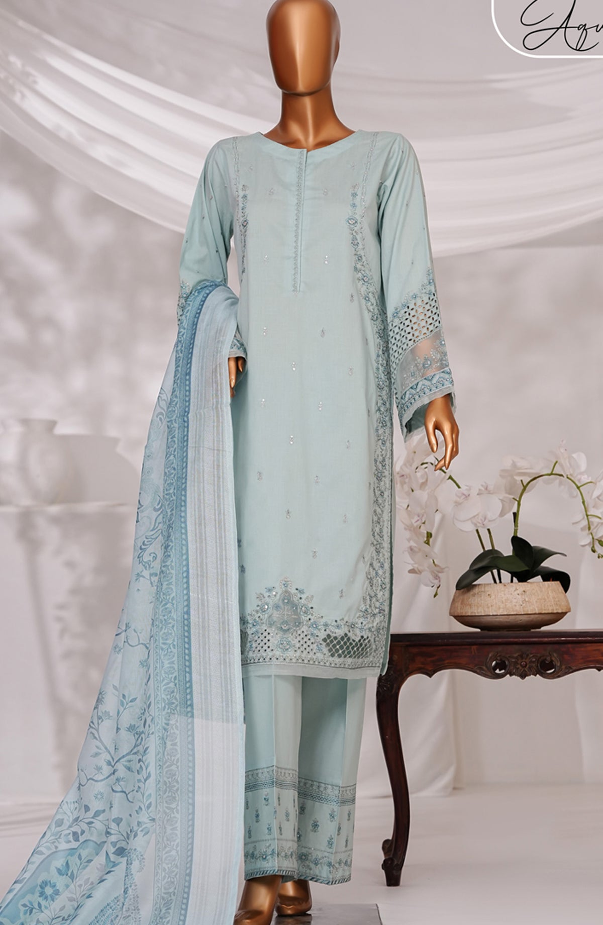Muse by HZ Textile Embroidered Cotton Self Jacquard Stitched 3 Piece Suit - SSJ-2504 - HZ25MSCT - Sky Blue - Summer Collection