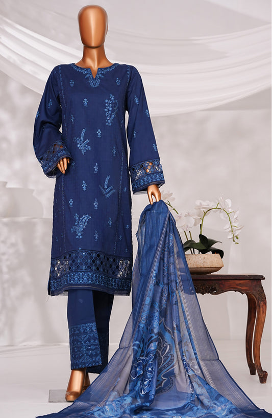 Muse by HZ Textile Embroidered Cotton Self Jacquard Stitched 3 Piece Suit - SSJ-2505 - HZ25MSCT - Blue - Summer Collection