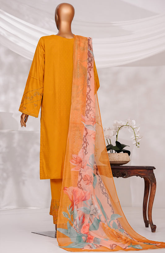 Muse by HZ Textile Embroidered Cotton Self Jacquard Stitched 3 Piece Suit - SSJ-2506 - HZ25MSCT - Mustard - Summer Collection