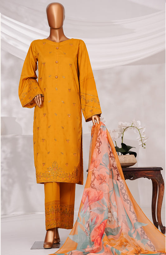 Muse by HZ Textile Embroidered Cotton Self Jacquard Stitched 3 Piece Suit - SSJ-2506 - HZ25MSCT - Mustard - Summer Collection