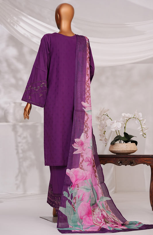 Muse by HZ Textile Embroidered Cotton Self Jacquard Stitched 3 Piece Suit - SSJ-2506 - HZ25MSCT - Purple - Summer Collection