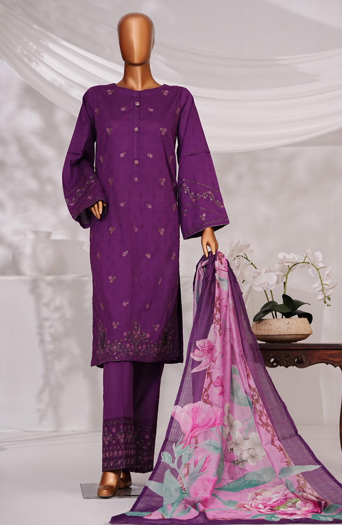 Muse by HZ Textile Embroidered Cotton Self Jacquard Stitched 3 Piece Suit - SSJ-2506 - HZ25MSCT - Purple - Summer Collection