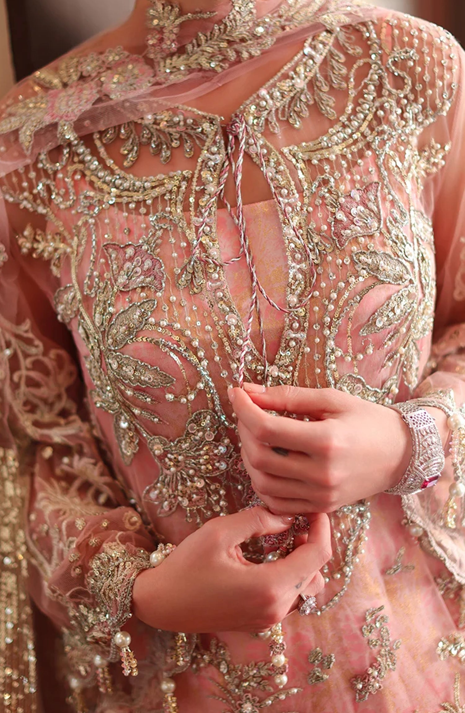 Mushq Stardust Embroidered Net Unstitched 3 Piece Suit - D4-Sacred Promise - MQ26SRD - Pink - Wedding Collection