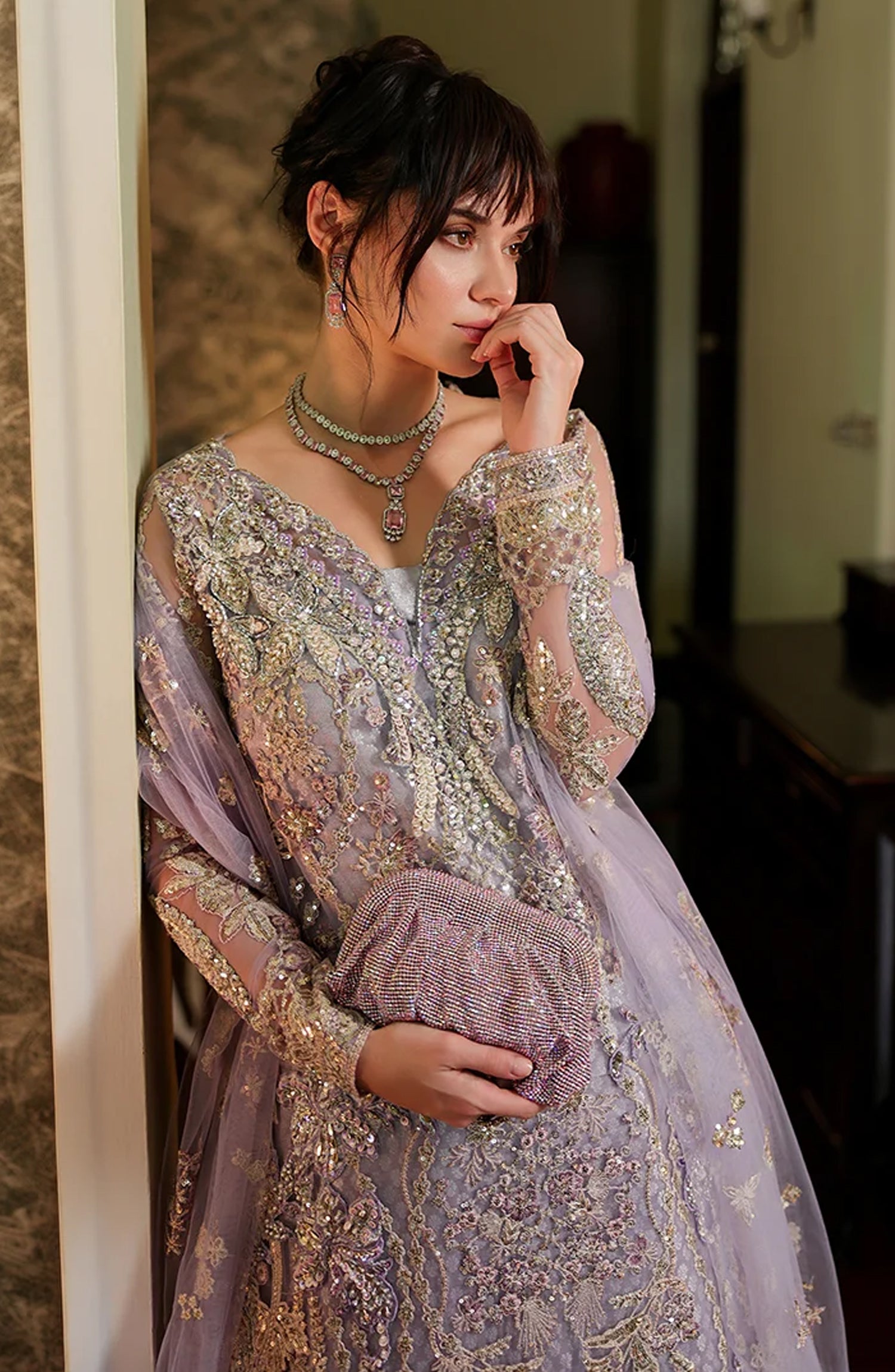 Mushq Stardust Embroidered Net Unstitched 3 Piece Suit - D5-First Forever - MQ26SRD - Lilac - Wedding Collection