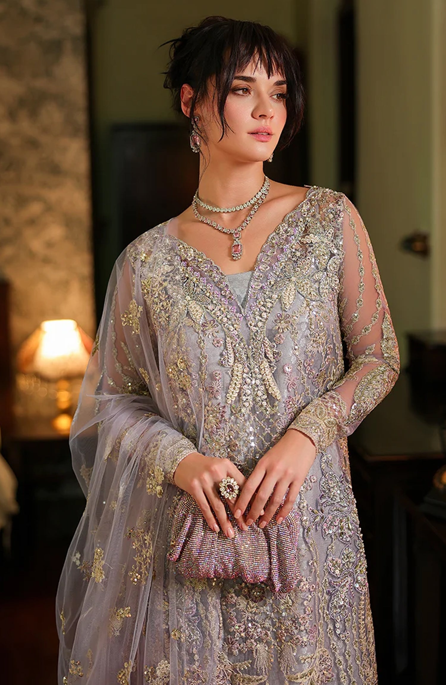 Mushq Stardust Embroidered Net Unstitched 3 Piece Suit - D5-First Forever - MQ26SRD - Lilac - Wedding Collection