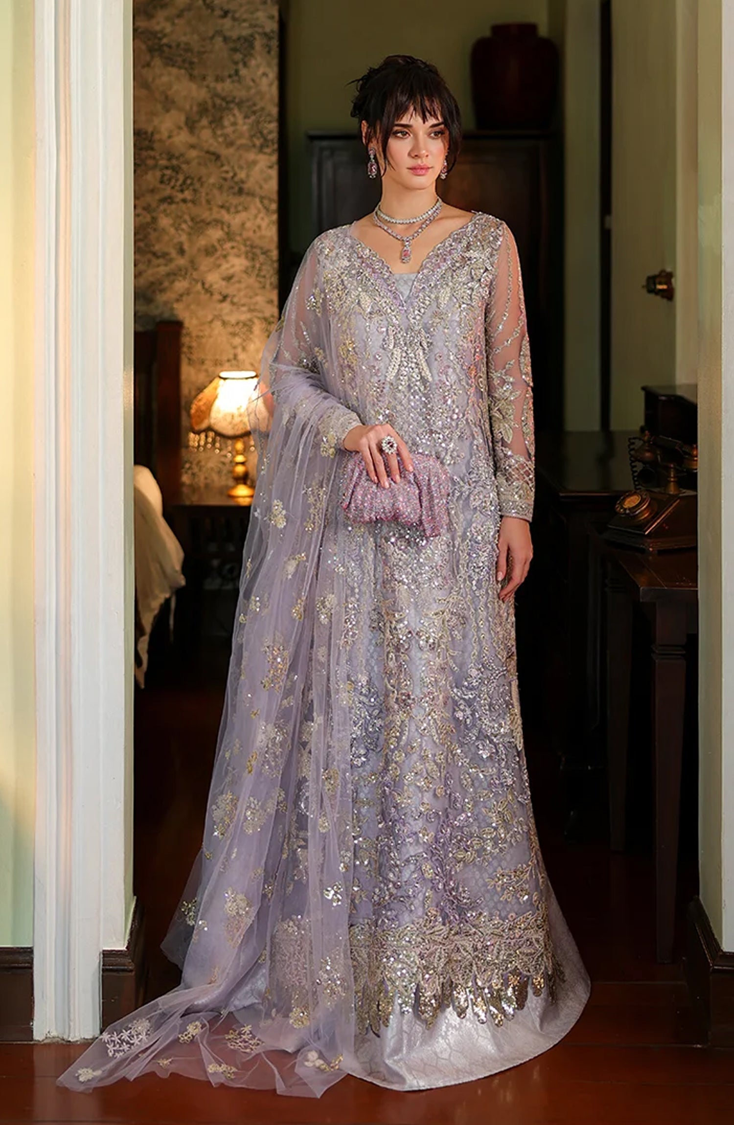 Mushq Stardust Embroidered Net Unstitched 3 Piece Suit - D5-First Forever - MQ26SRD - Lilac - Wedding Collection