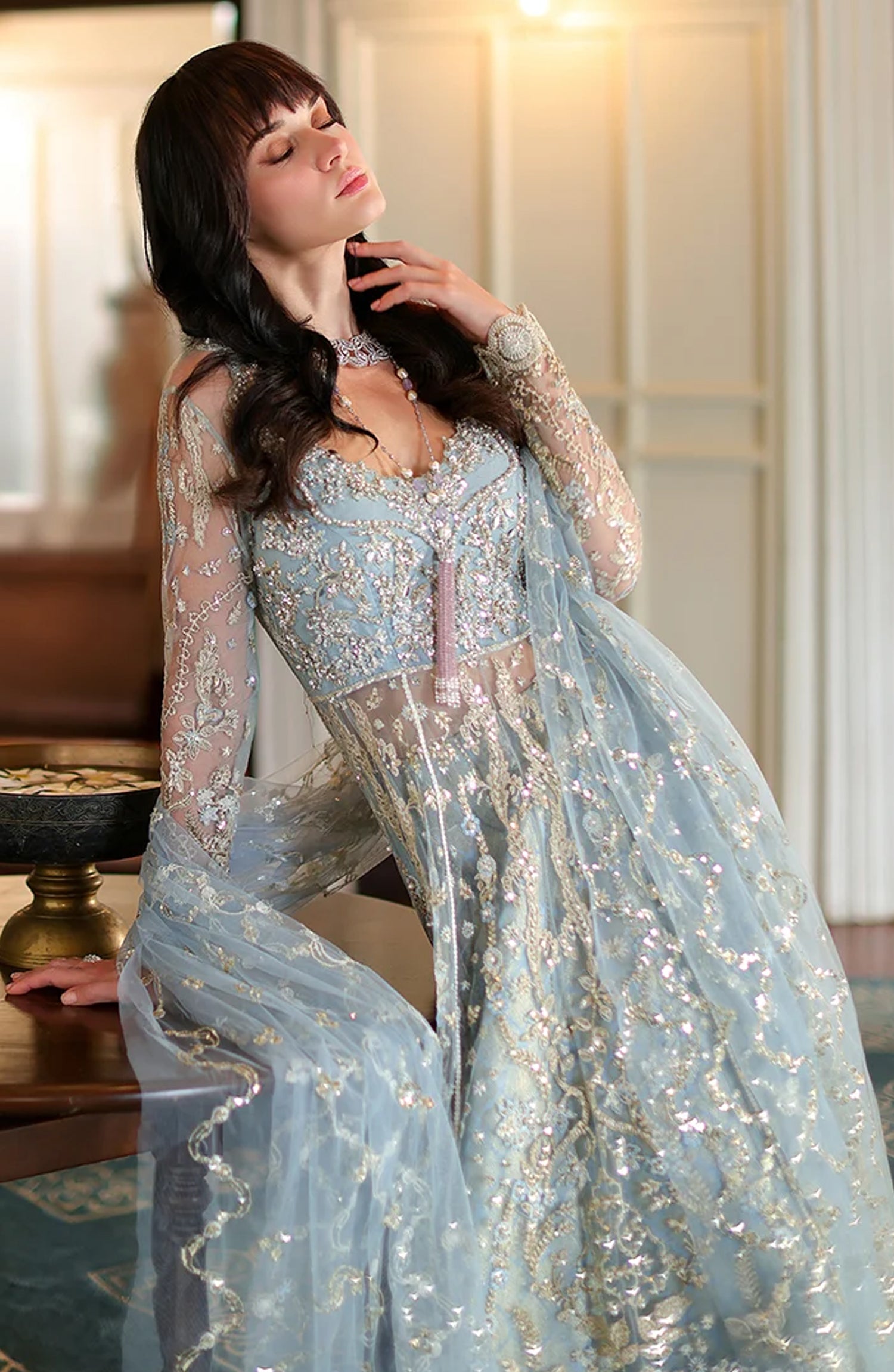 Mushq Stardust Embroidered Net Unstitched 3 Piece Suit - D6-Endless Us - MQ26SRD - Blue - Wedding Collection