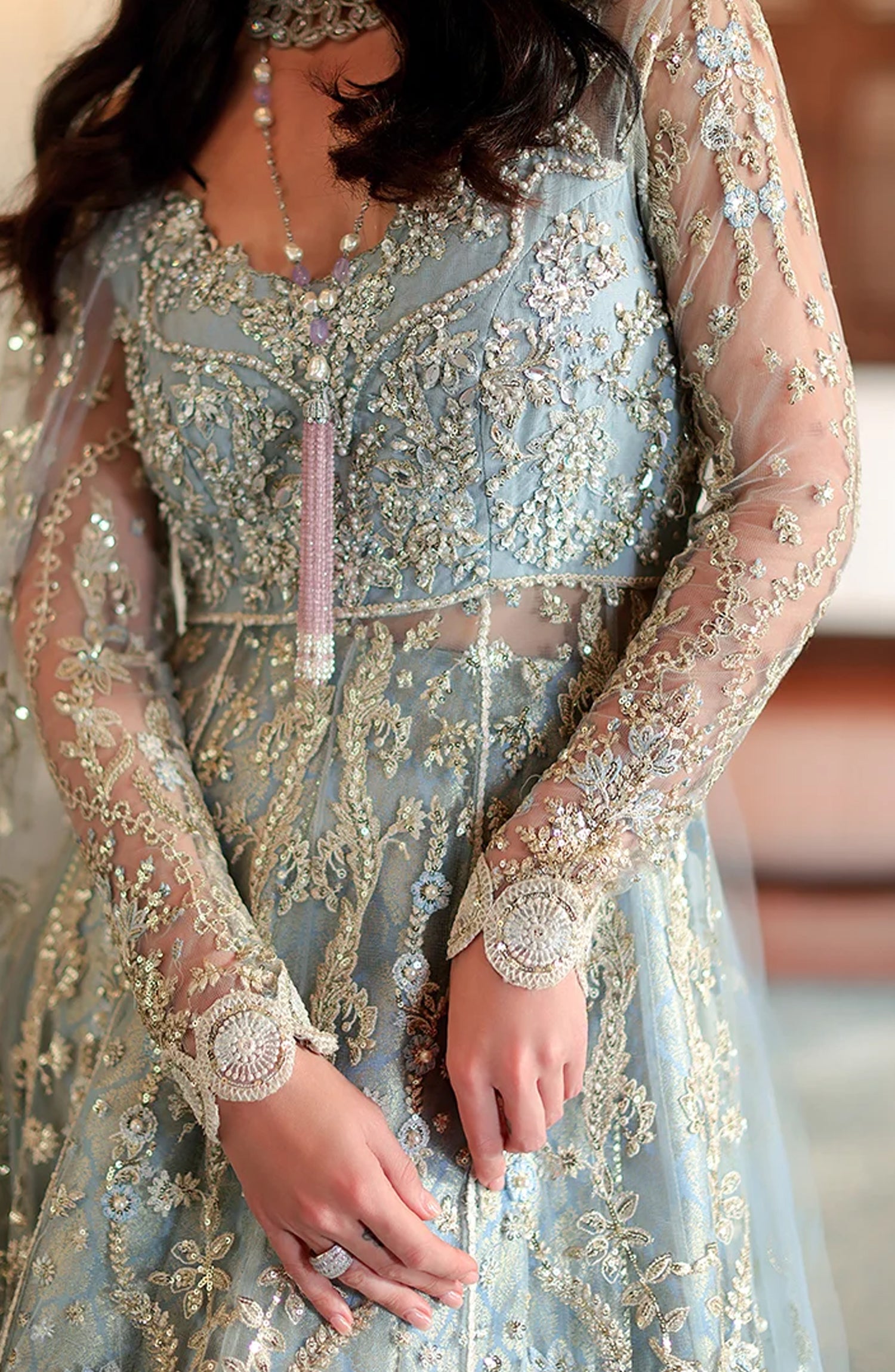 Mushq Stardust Embroidered Net Unstitched 3 Piece Suit - D6-Endless Us - MQ26SRD - Blue - Wedding Collection