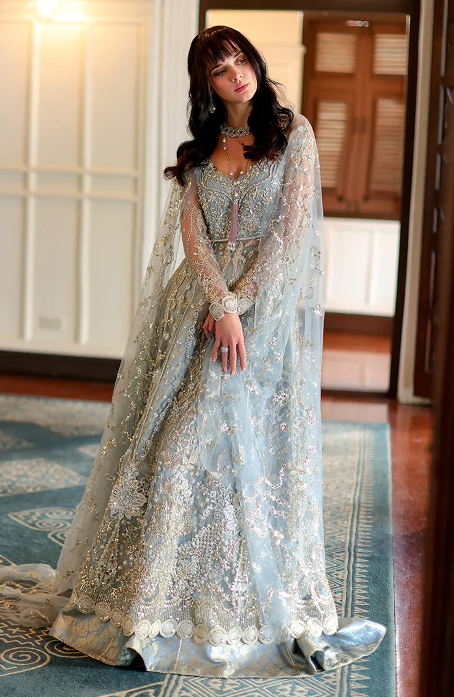 Mushq Stardust Embroidered Net Unstitched 3 Piece Suit - D6-Endless Us - MQ26SRD - Blue - Wedding Collection