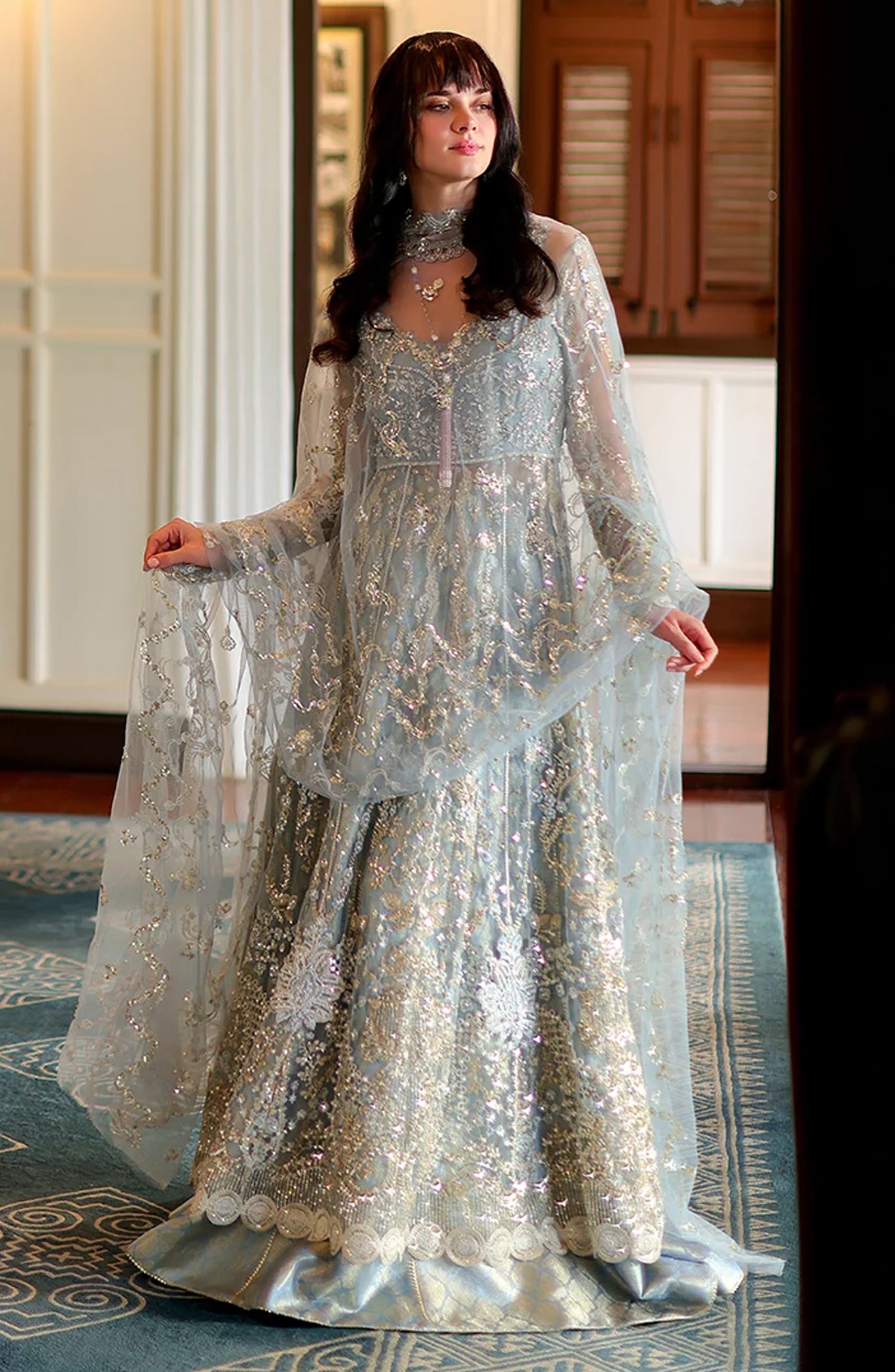 Mushq Stardust Embroidered Net Unstitched 3 Piece Suit - D6-Endless Us - MQ26SRD - Blue - Wedding Collection
