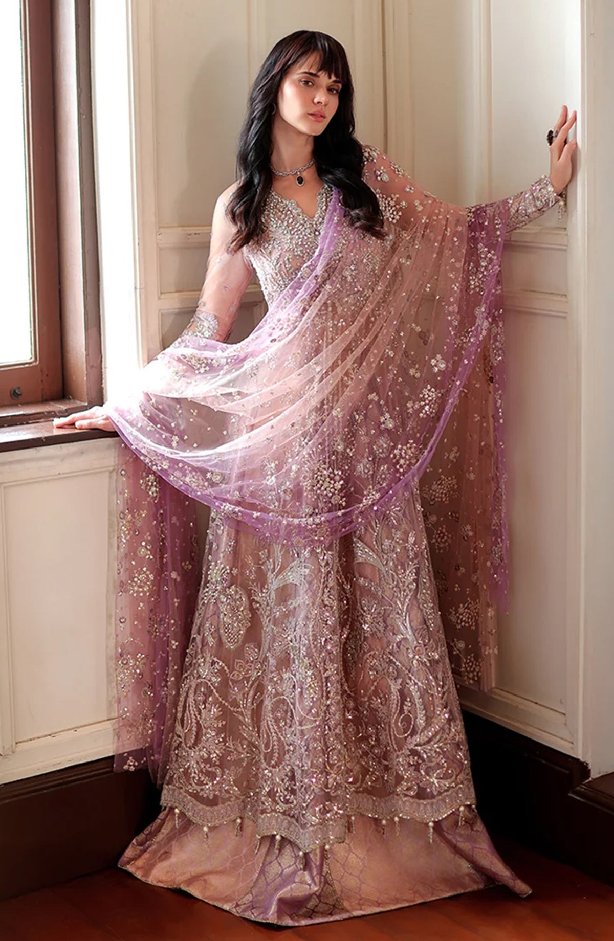 Mushq Stardust Embroidered Net Unstitched 3 Piece Suit - D7-Midnight Wish - MQ26SRD - Pink - Wedding Collection