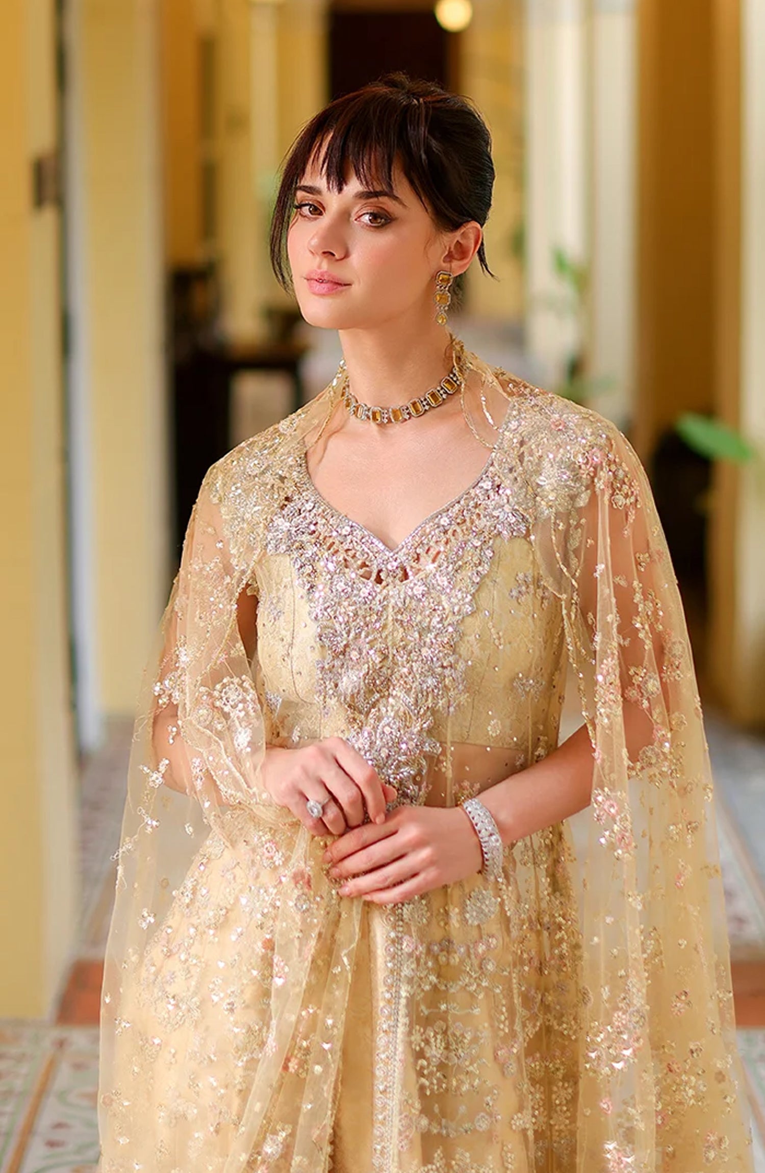 Mushq Stardust Embroidered Net Unstitched 3 Piece Suit - D8-Love's Legacy - MQ26SRD - Yellow - Wedding Collection