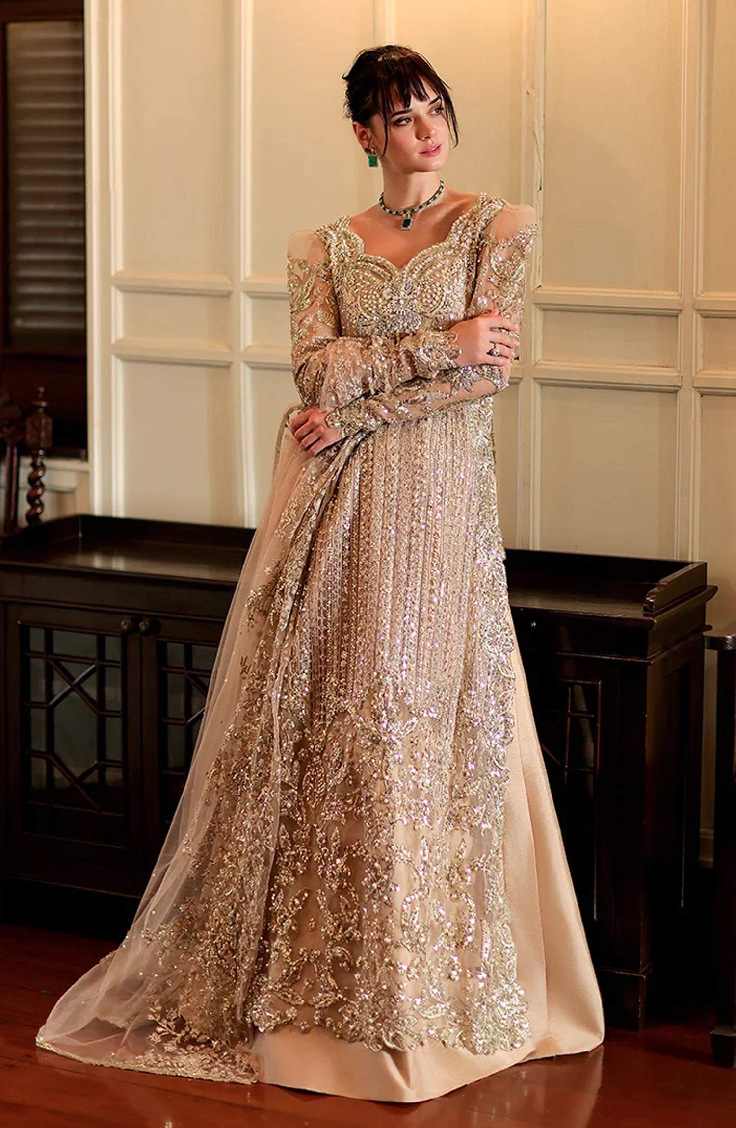 Mushq Stardust Embroidered Organza Unstitched 3 Piece Suit - D3-Eternal Glow - MQ26SRD - Beige - Wedding Collection
