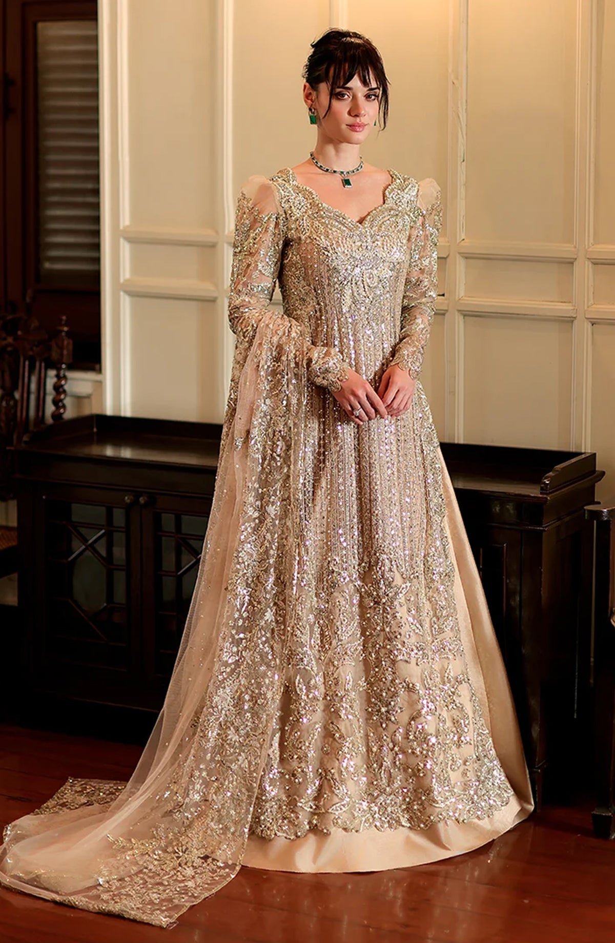 Mushq Stardust Embroidered Organza Unstitched 3 Piece Suit - D3-Eternal Glow - MQ26SRD - Beige - Wedding Collection