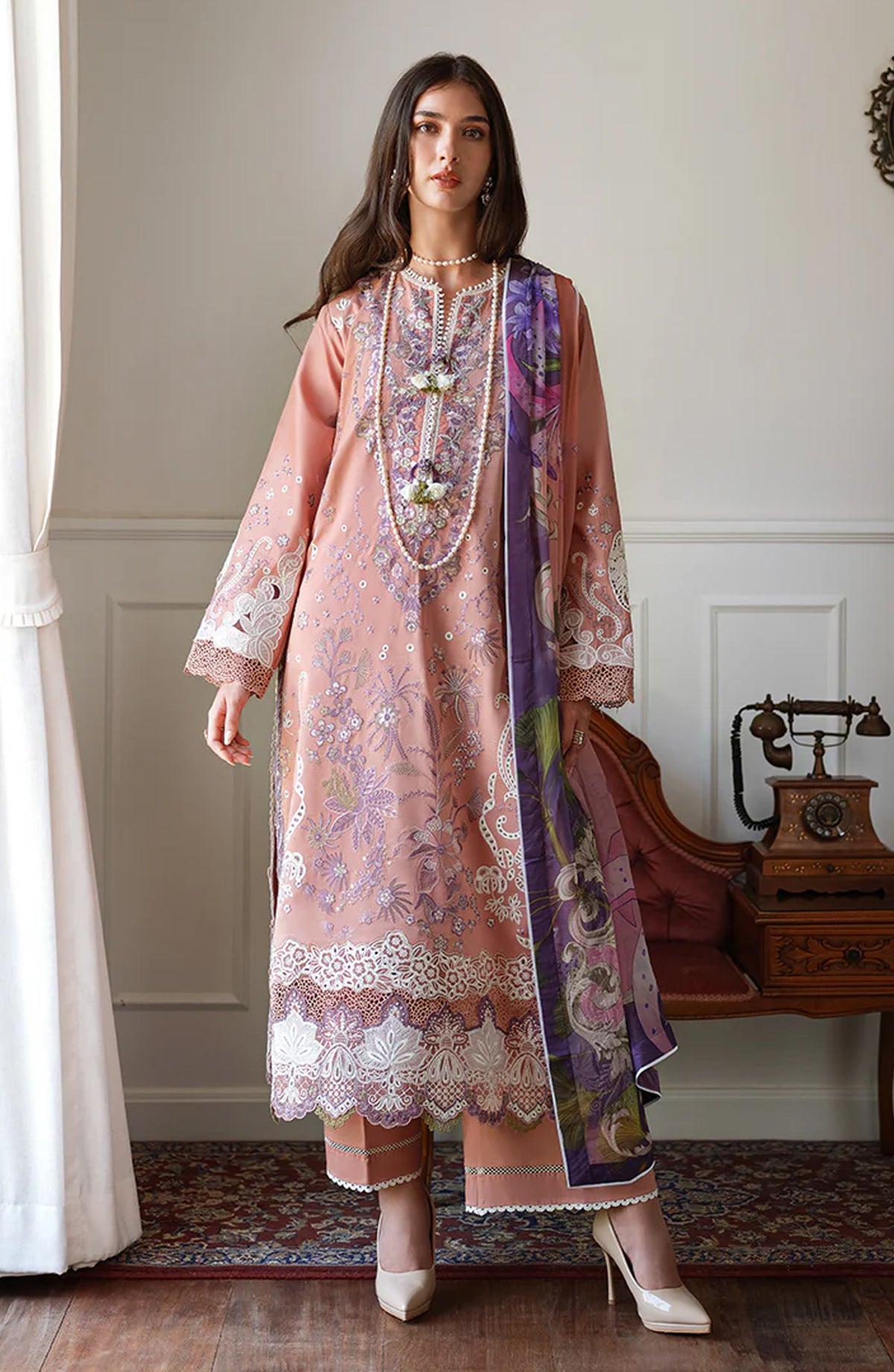 Mushq A Moi Held by Love Luxury Embroidered Lawn Unstitched 3 Piece Suit - Daisy Chain - MQ26MOI - Mocca - Summer Collection